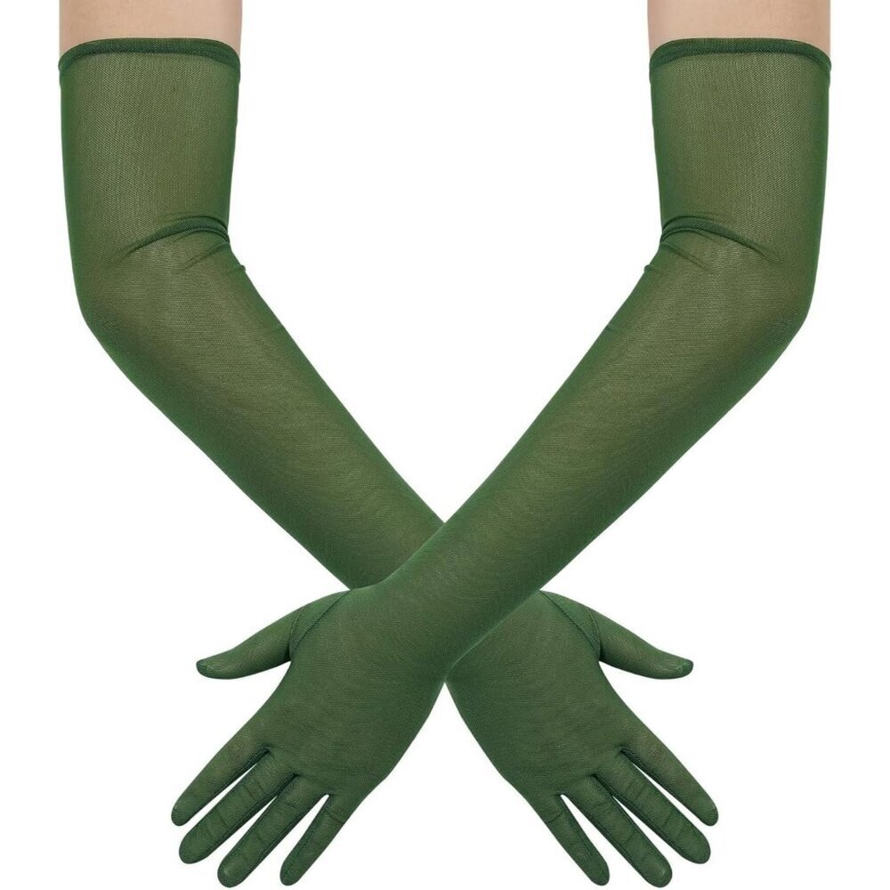 Women's Tulle Dark Green Long Stretchy Gloves Halloween Party Wedding Costume